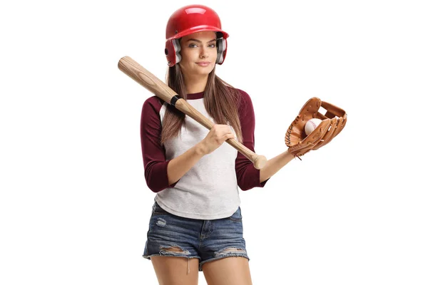 Mulher Bonita Com Equipamento Beisebol Isolado Fundo Branco — Fotografia de Stock