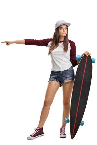 Full Length Portrait Young Female Skateboard Pointing One Direction Isolated — Stock Photo, Image