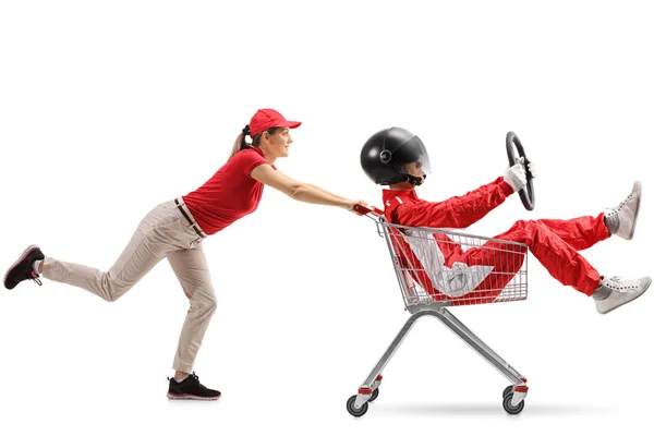 Female Pushing Shopping Cart Male Racer Isolated White Background — Stock Photo, Image