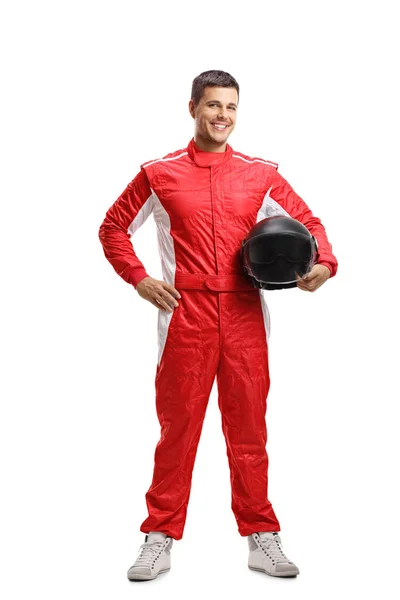 Full Length Portrait Racer Standing Holding Helmet Isolated White Background — Stock Photo, Image