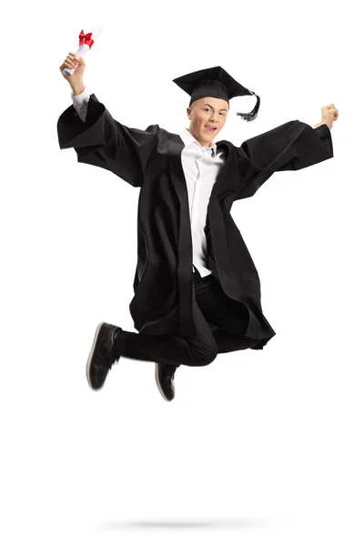 Überglücklicher Absolvent Mit Diplom Springt Isoliert Auf Weißem Hintergrund — Stockfoto