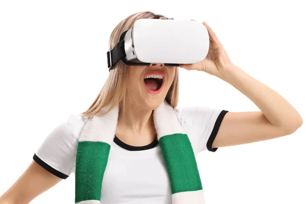 Enthousiast Jonge Vrouw Met Een Headset Geïsoleerd Witte Achtergrond — Stockfoto