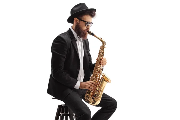 Jazz Musician Playing Saxophone Isolated White Background — Stock Photo, Image