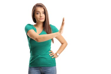 Beyaz arka plan üzerinde izole eliyle güzel genç kadın el dur