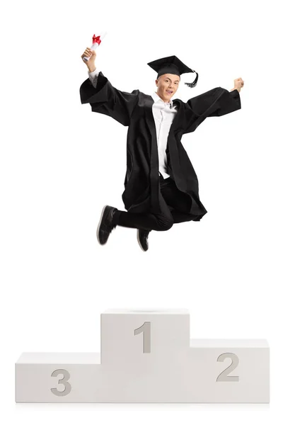 Graduação Masculina Saltando Pedestal Vencedor Isolado Fundo Branco — Fotografia de Stock