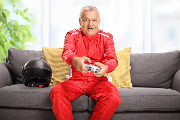 Racer Sitting Couch Playing Video Games Indoors — Stock Photo, Image