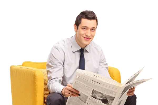 Businessman Newspaper Sitting Yellow Armchair Isolated White Background — Stock Photo, Image