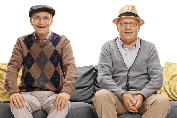 Two Elderly Men Sitting Sofa Isolated White Background — Stock Photo, Image