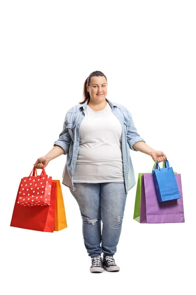 Retrato Comprimento Total Uma Jovem Com Sacos Compras Isolados Fundo — Fotografia de Stock