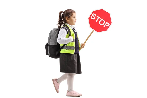 Teljes Hossza Profil Lövés Egy Kis Iskolás Egy Stop Jel — Stock Fotó
