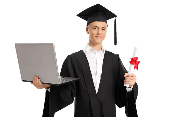 Een Afgestudeerde Student Uit Een Laptop Een Diploma Geïsoleerd Witte — Stockfoto