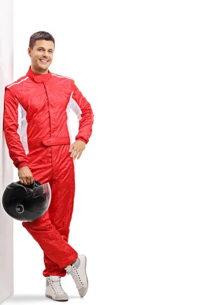 Full Length Portrait Young Male Racer Leaning Wall Isolated White — Stock Photo, Image