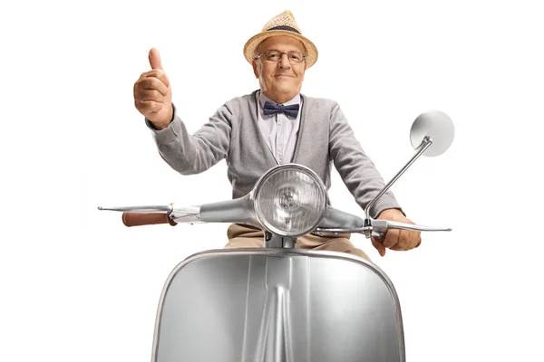 Senior Man Riding Vintage Motorbike Showing Thumbs Isolated White Background — Stock Photo, Image