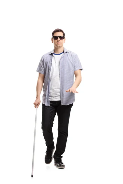 Full Length Portrait Blind Man Walking Isolated White Background — Stock Photo, Image