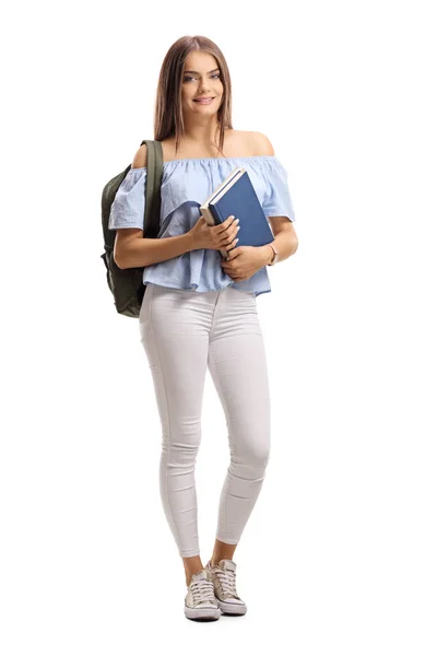 一个女学生的全长肖像与背包和书籍在白色背景下隔离 — 图库照片