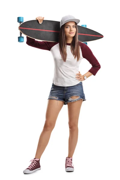 Beyaz Arka Plan Üzerinde Izole Bir Longboard Bir Patenci Kız — Stok fotoğraf