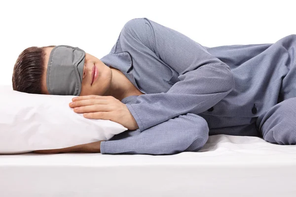 Ung Hane Sover Kudde Med Eye Mask Isolerad Vit Bakgrund — Stockfoto