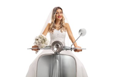 Bride riding a scooter isolated on white background clipart