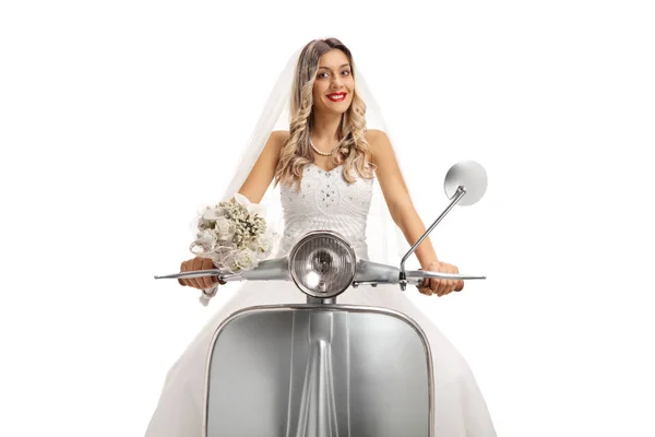 Bride Riding Scooter Isolated White Background Stock Picture