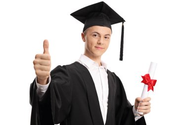 Diplomasına tutarak ve beyaz arka plan üzerinde izole işareti bir başparmak yapım yüksek lisans öğrencisi