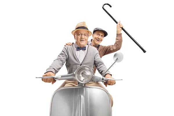 Two Senior Men Scooter One Holding Cane Isolated White Background — Stock Photo, Image