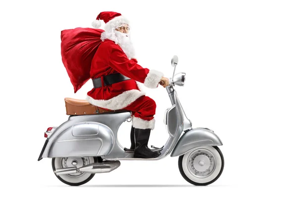 Papai Noel Com Saco Montando Uma Scooter Vintage Isolado Fundo — Fotografia de Stock