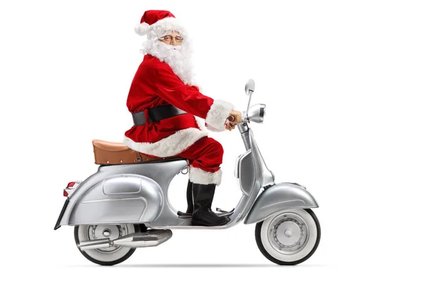 Pełna Długość Profilu Strzał Santa Claus Jazda Vintage Motocykl Patrząc — Zdjęcie stockowe