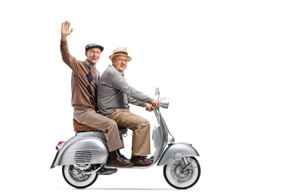 Full Length Shot Two Elderly Men Vintage Scooter One Waving — Stock Photo, Image