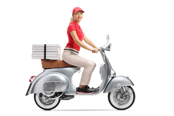 Foto Completa Una Mujer Repartidora Pizza Sonriente Scooter Con Cajas —  Fotos de Stock