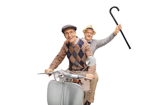 Two Senior Men Vintage Scooter One Holding Cane Isolated White — Stock Photo, Image