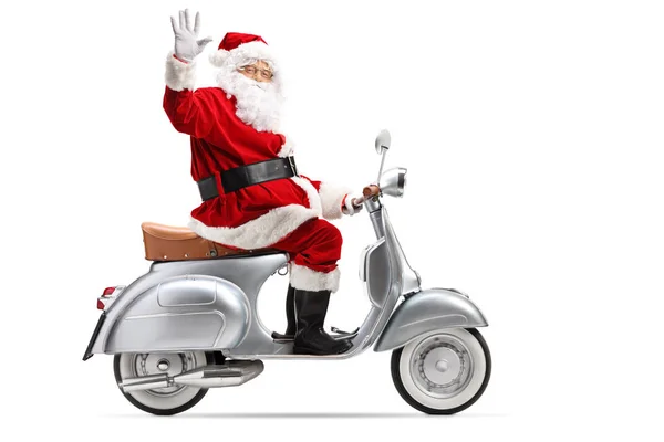 Pełna Długość Profilu Strzał Santa Claus Jazda Vintage Motocykl Macha — Zdjęcie stockowe