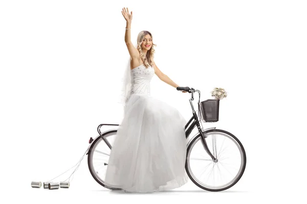 Bride Riding Bicycle Waving Isolated White Background — Stock Photo, Image