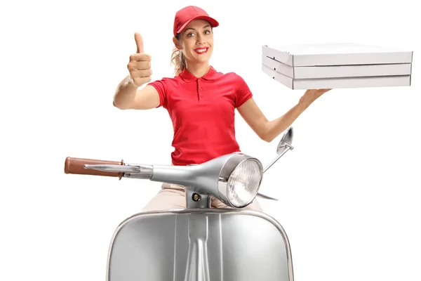 Pizza Delivery Woman Scooter Giving Thumbs Isolated White Background — Stock Photo, Image