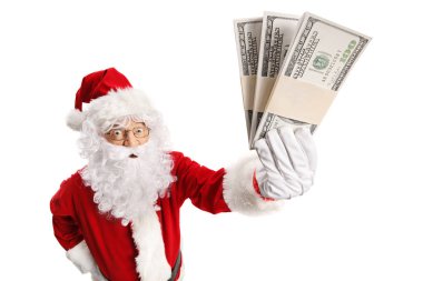 Noel Baba beyaz arka plan üzerinde izole para tutan