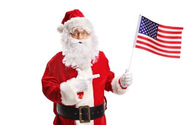 Beyaz arka plan üzerinde izole işaret bir Amerikan bayrağı ile Noel Baba