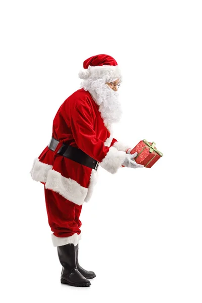 Foto Figura Intera Babbo Natale Che Regalo Isolato Sfondo Bianco — Foto Stock