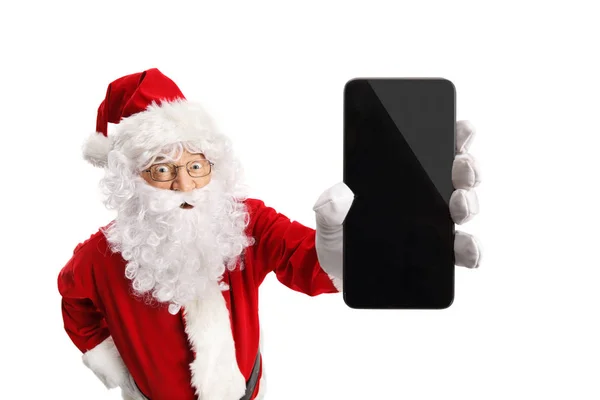 Weihnachtsmann Hält Ein Mobiltelefon Isoliert Auf Weißem Hintergrund — Stockfoto