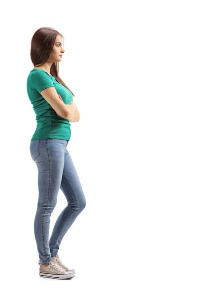 Full Length Profile Shot Young Woman Waiting Line Isolated White — Stock Photo, Image