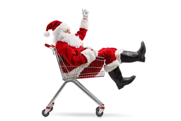 Santa Claus Sitting Shopping Cart Isolated White Background — Stock Photo, Image