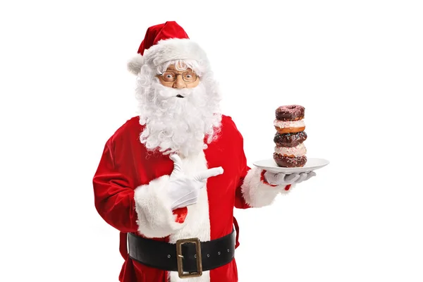 Santa Claus Holding Plate Donuts Pointing Isolated White Background — Stock Photo, Image