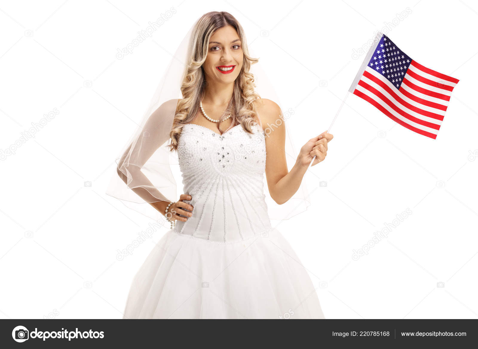 Young Bride American Flag Isolated White Background Stock Photo