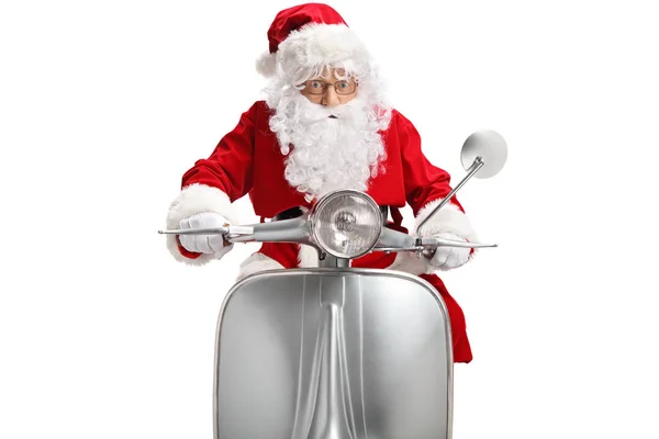 Kerstman Een Vintage Scooter Geïsoleerd Witte Achtergrond — Stockfoto