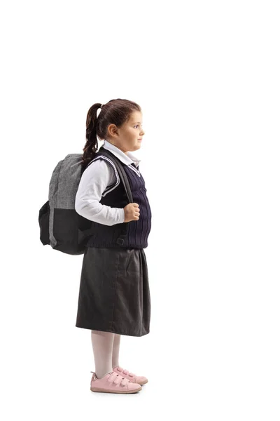 Full Length Profile Shot Little Schoolgirl Waiting Line Isolated White — Stock Photo, Image