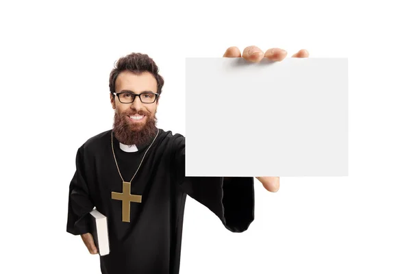 Young Priest Holding Blank Card Isolated White Background — Stock Photo, Image