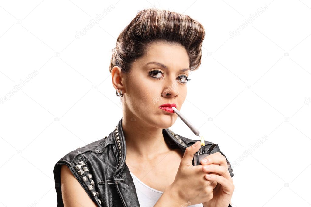 Punk girl lighting up a joint isolated on white background