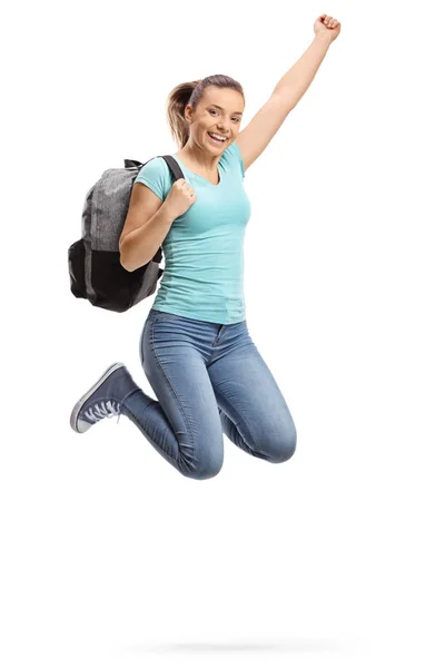 Happy Female Student Jumping Isolated White Background — Stock Photo, Image