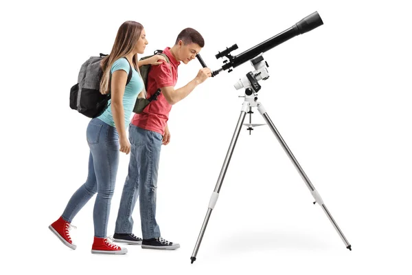 Imagen Completa Una Adolescente Niño Mirando Través Telescopio Aislado Sobre —  Fotos de Stock