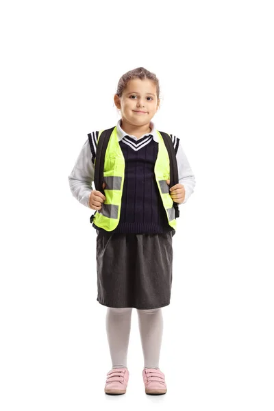 Full Length Portrait Cute Little Schoolgirl Wearing Safety Vest Isolated — Stock Photo, Image