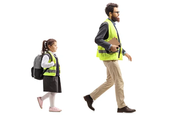 Tiro Comprimento Total Homem Colete Segurança Uma Estudante Andando Atrás — Fotografia de Stock