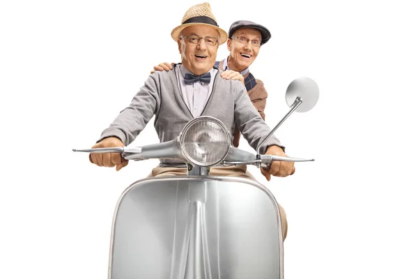 Two Elderly Gentleman Riding Vintage Scooter Isolated White Background — Stock Photo, Image